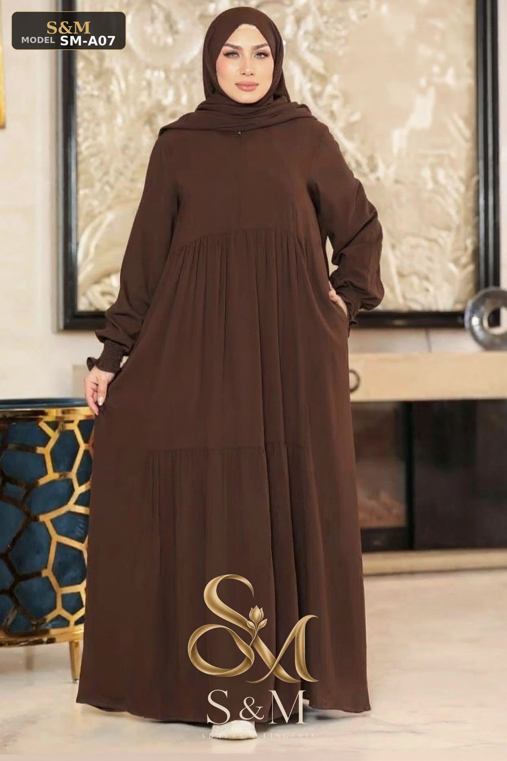 عباية وخمار كريب تركي أكمام طويلة - بني