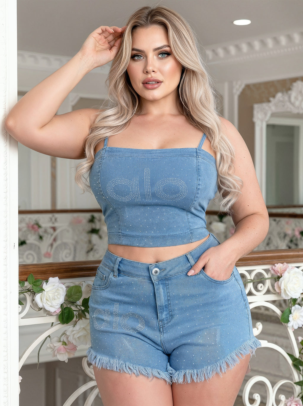طقم جينز كروب توب وشورت أزرق فاتح